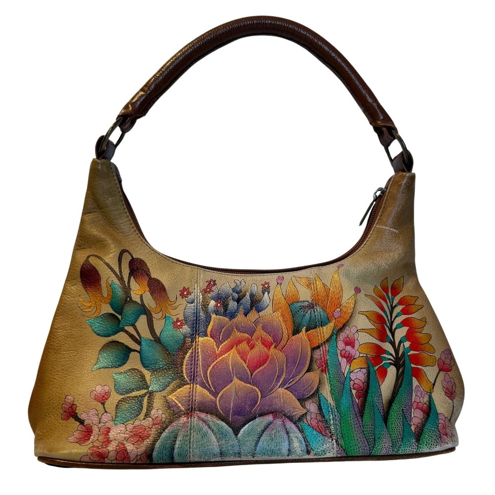 Anuschka Hand Painted Leather Hobo Shoulder Bag Lotus Floral Genuine Leather